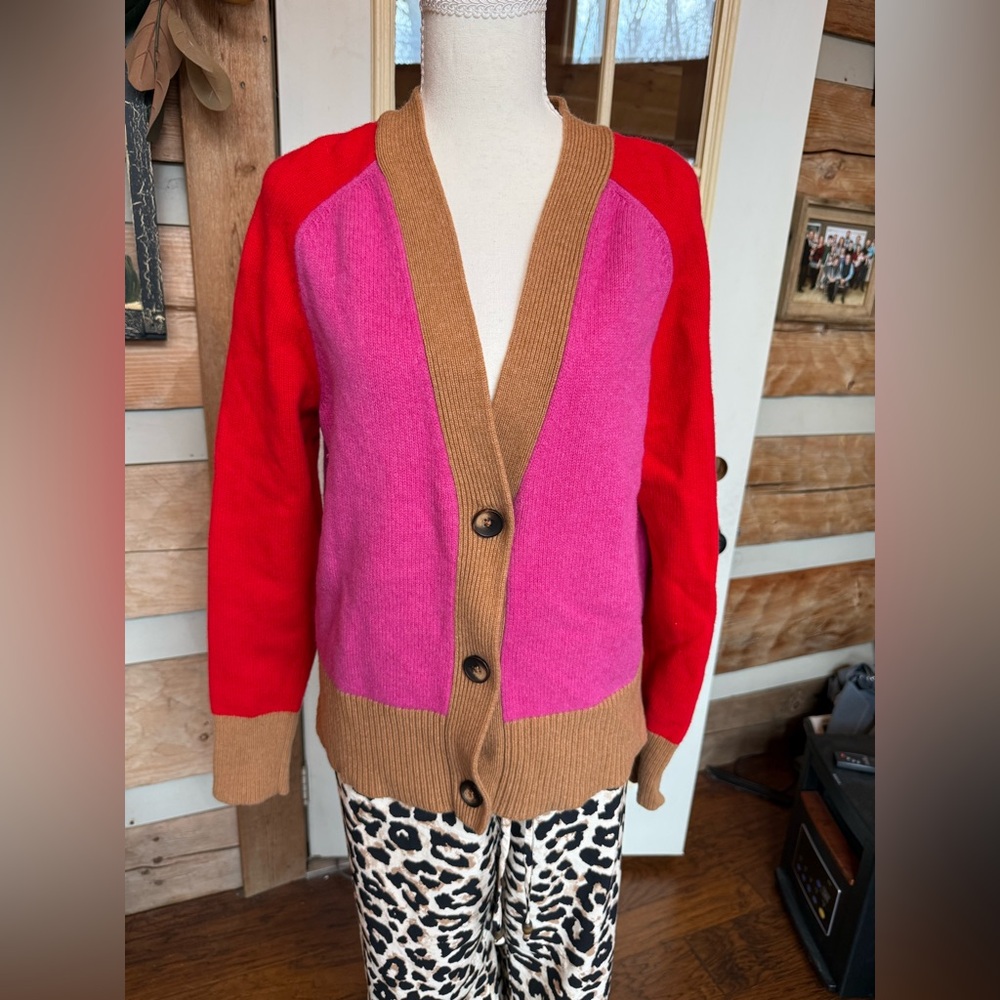 Boden Vibrant Colorblock Cardigan - Red, Pink, and Tan Large